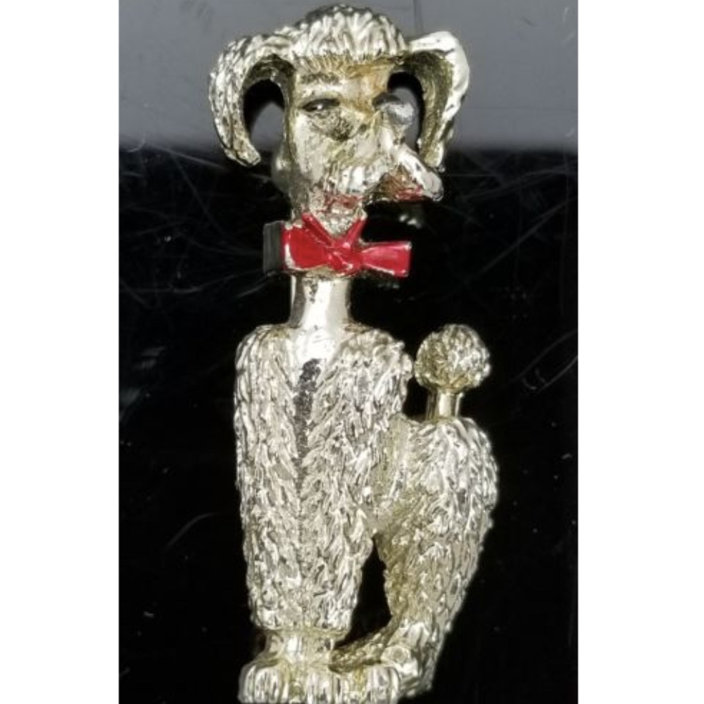 Silver Plated Poodle Dog Brooch Lapel Pin 1.5" L red bow *